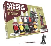 The Army Painter Warpaints Fanatic: Starter Set Combo, 11 paints: 7 acrylic colours, 2 Metallics, 1 Wash, 2 Brushes & 1 Free Miniature figure, For models and miniature painting