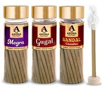 The Aroma Factory Combo of Mogra, Gugal, Chandan Sandal Dhoop Batti Sticks with dhoop Stand Holder in Box | Long Lasting Fragrance for Home | Meditation | Dhoop for Pooja (3 Jar X 100g)