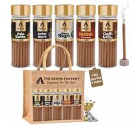The Aroma Factory Dhoop batti Palo Santo, Amber & Myrrh, White Sage, Sandal Chandan, Oudh & White Woods No Bamboo Herbal Dhoop Sticks Incense Holder 5 Bottle x 100g with Jute Bag