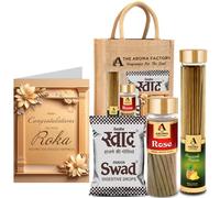 The Aroma Factory Gift for Roka Ceremony/pre Engagement Hamper with Card (25 Swad Candy, Pineapple Agarbatti Bottle, Rose Dhoopbatti) in Jute Bag