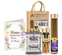 The Aroma Factory Happy Anniversary MASI/Mousi & Masaji/Mosa Gift with Card (25 Swad Candy, Lavender Agarbatti Bottle, Oudh Cone) in Jute Bag
