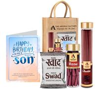 The Aroma Factory Happy Birthday Gift for Son/Beta with Card (25 Swad Candy, Chocolate Agarbatti Bottle, Rose Cone) in Jute Bag