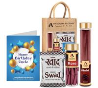 The Aroma Factory Happy Birthday Uncle Gift with Card (25 Swad Candy, Chocolate Agarbatti Bottle, Rose Cone) in Jute Bag