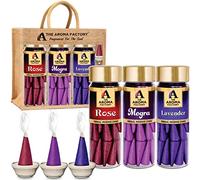 The Aroma Factory Organic Incense Dhoop Cones (Rose, Mogra, Lavender) Zero Charcoal | No Bamboo | 100% Herbal Fragrance | Assorted Pooja Mixed Dhoop Combo, 3x30 Cones Jute Gift Set with Holder