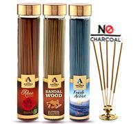 The Aroma Factory Pooja Agarbatti Rose, Sandalwood Chandan & Fresh Active (0% Charcoal) Incense Sticks (Pack of 3 x 100g), Red,Brown & Blue, Full