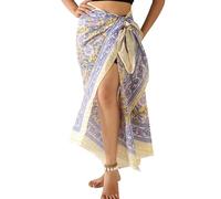 THE ART BOX 100% Cotton Sarong Coverup for Women Indian Hand Block Print Swimsuit Pareo Wrap Skirt Beach Bikini Cover Up Long (73" x 43") Yellow Blue