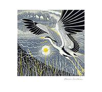Attractive Artistic Male/Female Blank Greeting Card from the Art of Print Range - Linocut Heron in Flight, at Full Stretch by Annie Soudain - Greeting Card for Him/for Her (MG-373935 KYG)