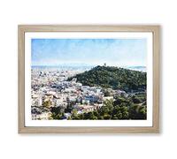 The Athens Skyline Painting Modern Art Framed Wall Art Print, Ready to Hang Picture for Living Room Bedroom Home Office Décor, Oak A4 (34 x 25 cm)