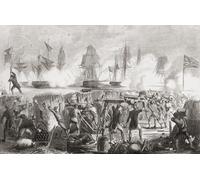 The attack on Fort Moultrie Sullivan's Island South Carolina on June 28 1776 during the American Revolution. The fort then called Fort Sullivan was built to defend Charleston South Carolina but was