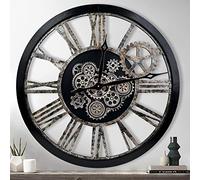 The B-Style Large Real Moving Gears Wall Clock 30 inch Rustic Retro Industrial Farmhouse Wood Clock Oversized Decorative Vintage Wall Clocks for Living Room (Black)