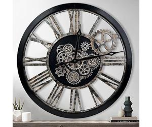 The B-Style Large Real Moving Gears Wall Clock 30 inch Rustic Retro Industrial Farmhouse Wood Clock Oversized Decorative Vintage Wall Clocks for Living Room (Black)