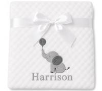 The Baby Box Personalised White Baby Blanket with Elephant Embroidery