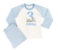 The Baby Box UK Boys Personalised Pyjamas Birthday Number PJs for Boys (Blue Stripe Dinosaur Number, 3-4 Years)