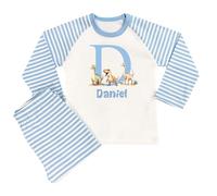 The Baby Box UK Boys Personalised Pyjamas Initial Printed PJs for Boys (Blue Stripe Dinosaur Initial, 6-12 Months)