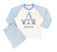 The Baby Box UK Boys Personalised Pyjamas Initial Printed PJs for Boys (Blue Stripe Safari Initial, 3-4 Years)