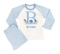 The Baby Box UK Boys Personalised Pyjamas Initial Printed PJs for Boys (Blue Stripe Space Initial, 2-3 Years)