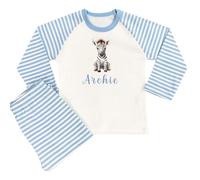 The Baby Box UK Personalised Boys Blue Safari Animal Name Pyjamas (Blue Stripe Safari Zebra Name, 3-4 Years)