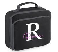 The Baby Box UK Personalised Girls Lunchbox with Custom Name and Initial Back to School for Kids (Black Lunch Bag)