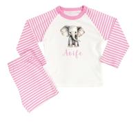 The Baby Box UK Personalised Girls Pink Safari Animal Pyjamas (Pink Stripe Elephant Name, 1-2 Years)