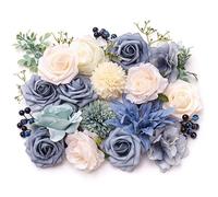 The Baked Studio - Artificial Silk Flower Heads & Foilage For Cake Decorating, Weddings & Crafts (Blue, White & Cream)