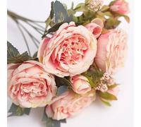 The Baked Studio - Silk Peony and Tea Rose Artificial Bouquet 9 Heads Realistic Fake Plant for DIY Craft Cake Living Room Home Wedding Decoration (PRETTY PEACH)