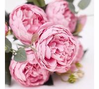 The Baked Studio - Silk Peony and Tea Rose Artificial Bouquet 9 Heads Realistic Fake Plant for DIY Craft Cake Living Room Home Wedding Decoration (PINK)