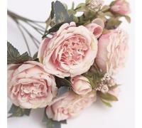 The Baked Studio - Silk Peony and Tea Rose Artificial Bouquet 9 Heads Realistic Fake Plant for DIY Craft Cake Living Room Home Wedding Decoration (PRETTY NUDE PINK)