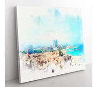 The Barcelona Skyline in Spain in Abstract Modern Canvas Wall Art Print Ready to Hang, Framed Picture for Living Room Bedroom Home Office Décor, 50x50 cm (20x20 Inch)