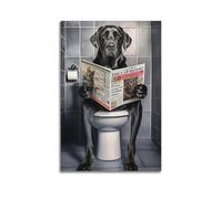 The Bathroom Murals, Black Dogs Sitting on The Toilet And Watching The Newspaper, Abstract Painting, Modern Bathroom Art Works Poster Decorative Painting Canvas Wall Posters And Art Picture Print Mode