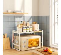 The Bazaarist Expandable Microwave Shelf with 4 Hooks, White & Bamboo in Natural The Bazaarist Natural