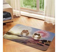 The Beach and Fireworks at Sunset Pet Feeding Mat Dog Cat Eating Food Absorbent Leather Tablecloth for and Water Bowl Waterproof No Stains Quick Dry Non-Slip 17.72 * 11.8IN