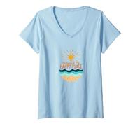 The Beach is My Happy Place Sun Waves Summer V-Neck T-Shirt, Women, Baby Blue, S
