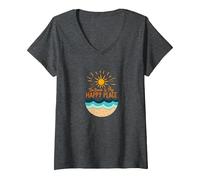 The Beach is My Happy Place Sun Waves Summer V-Neck T-Shirt, Women, Dark Heather Grey, XXL