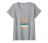 The Beach is My Happy Place Sun Waves Summer V-Neck T-Shirt, Women, Heather Grey, XL