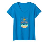 The Beach is My Happy Place Sun Waves Summer V-Neck T-Shirt, Women, Sapphire, S
