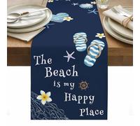 The Beach Is My Happy Place Table Runner 13 x 108 Inch, Summer Ocean Blue Slippers Starfish Shell Washable Cotton Linen Dining Table Runner Tabletop Decorations for Restaurant Home Kitchen Party