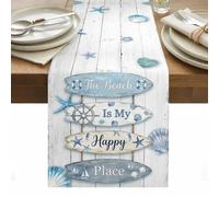The Beach Is My Happy Place Table Runner 13 x 120 Inch, Summer Ocean Blue Starfish Shell Wood Grain Washable Cotton Linen Dining Table Runner Tabletop Decorations for Restaurant Home Kitchen Party