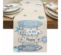 The Beach Is My Happy Place Table Runner 13 x 36 Inch, Summer Ocean Blue Starfish Shell Seahorse Linen Washable Cotton Linen Dining Table Runner Tabletop Decorations for Restaurant Home Kitchen Party