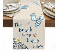 The Beach Is My Happy Place Table Runner 13 x 48 Inch, Summer Retro Ocean Blue Slippers Starfish Shell Washable Cotton Linen Dining Table Runner Tabletop Decorations for Restaurant Home Kitchen Party