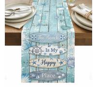 The Beach Is My Happy Place Table Runner 13 x 60 Inch, Summer Ocean Blue Starfish Shell Green Wood Grain Washable Cotton Linen Dining Table Runner Tabletop Decorations for Restaurant Home Kitchen