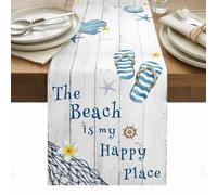 The Beach Is My Happy Place Table Runner 13 x 60 Inch, Summer Ocean Slippers Starfish Shell Wood Grain Washable Cotton Linen Dining Table Runner Tabletop Decorations for Restaurant Home Kitchen Party