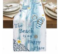The Beach Is My Happy Place Table Runner 13 x 90 Inch, Summer Ocean Blue Slippers Starfish Shell Wood Grain Washable Cotton Linen Dining Table Runner Tabletop Decorations for Restaurant Home Kitchen