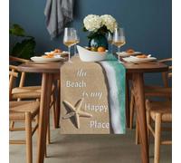 The Beach Is My Happy Place Table Runner 13x60 inch Blue Ocean Wave Starfish Cotton Linen Dining Table Runner Ideal for Dresser Kitchen Coffee Tables - Machine Washable
