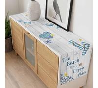 The Beach Is My Happy Place Table Runner 14x72 inch Summer Ocean Slippers Starfish Shell Wood Grain Cotton Linen Dining Table Runner Ideal for Dresser Kitchen Coffee Tables - Machine Washable