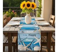 The Beach Is My Happy Place Table Runner 16x72 inch Shell Starfish Cotton Linen Dining Table Runner Ideal for Dresser Kitchen Coffee Tables - Machine Washable