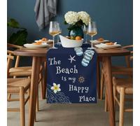 The Beach Is My Happy Place Table Runner 18x72 inch Summer Ocean Blue Slippers Starfish Shell Cotton Linen Dining Table Runner Ideal for Dresser Kitchen Coffee Tables - Machine Washable