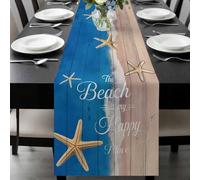 The Beach Is My Happy Place Table Runner 18x72 Inches Long Summer Starfish Beach Board Cotton Linen Table Runner Burlap Style for Dinner Table Party Decor Tabletop Decorations