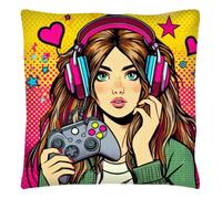 The Beach Stop Colourful Video Game Accent Cushion Cover | Pop Art Home Decor | Gift Idea for Gamers | 45x45cm 18x18” | Gamer Girl