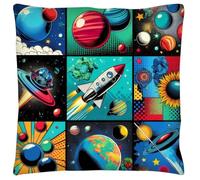 The Beach Stop Pop Art Space Themed Planets Rocket Accent Cushion Cover | Unique Design Home and Bedroom Decor | Gift Idea for Space Lovers | 45x45cm 18x18” | Pop Art Space