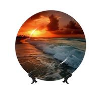 The Beach Sunset Ceramic Decorative Plates Bone China Decorative Plate With Display Stand Handmade Ceramic Ornament Personality Porcelain Dinner Plate Crafts For Home Office Wall Decoration 20cm